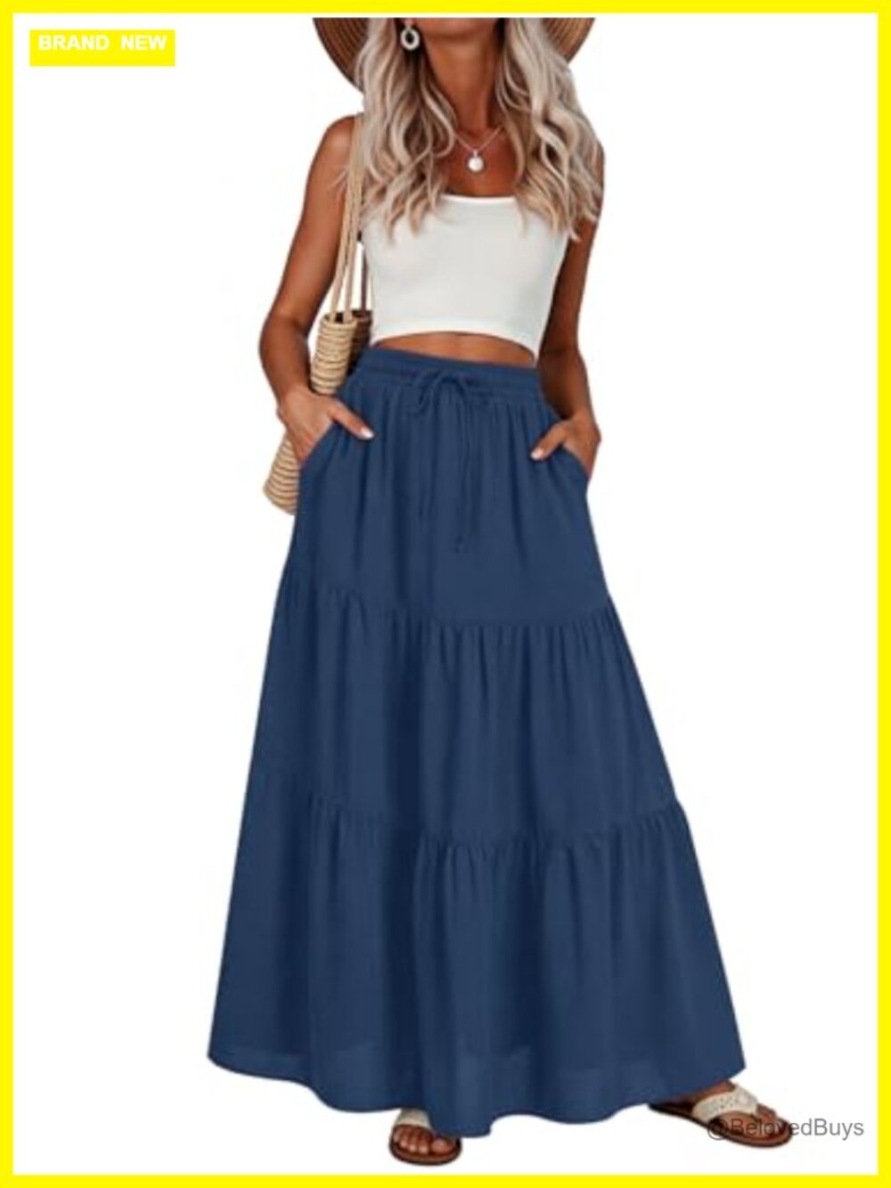 Womens Maxi Skirt Pleated Tiered A-Line Elastic Waist Midi Skirt